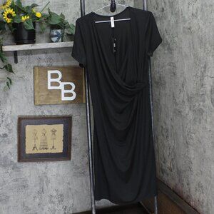 NWT 24Seven Womens Plus Size Knit Faux Wrap Short Sleeve Dress Black 1X